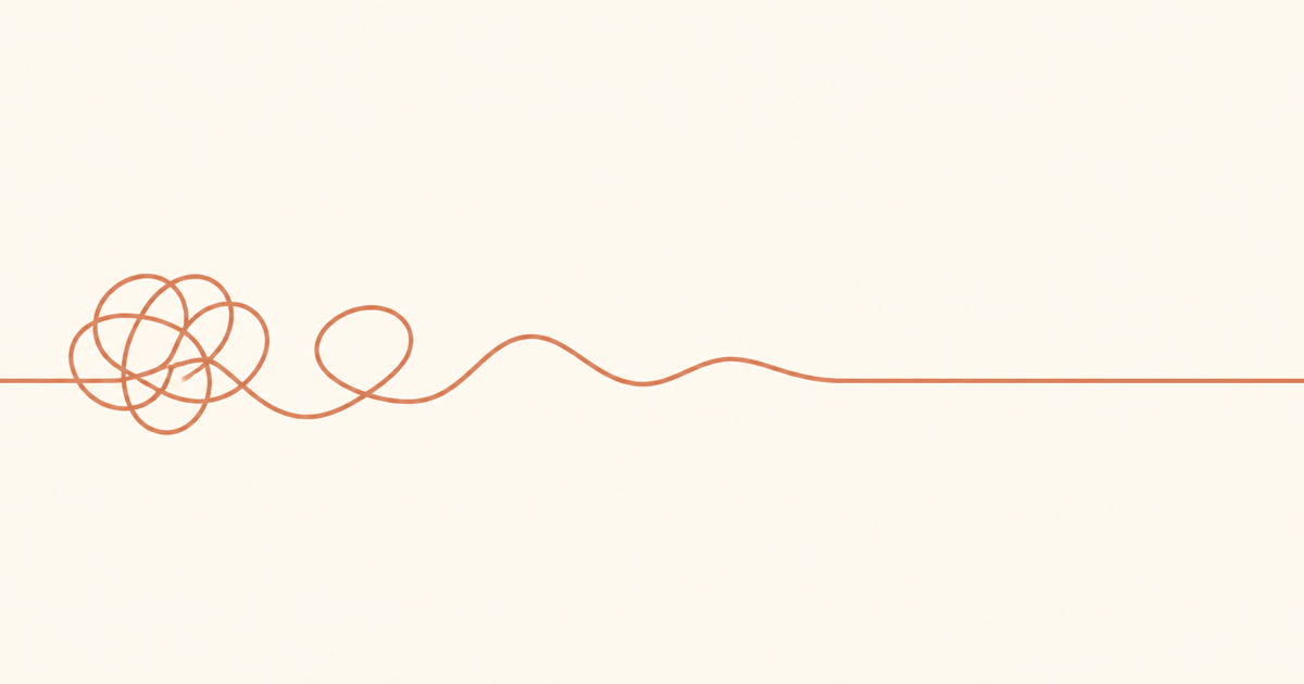 A tangled terracotta line gradually opening into smooth waves and a calm straight line